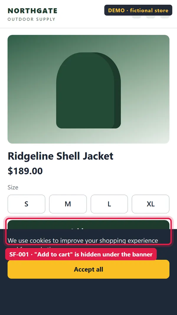 SF-001 demo screenshot: Product page at 375 × 667: the cookie banner covers the lower part of "Add to cart" (outlined).